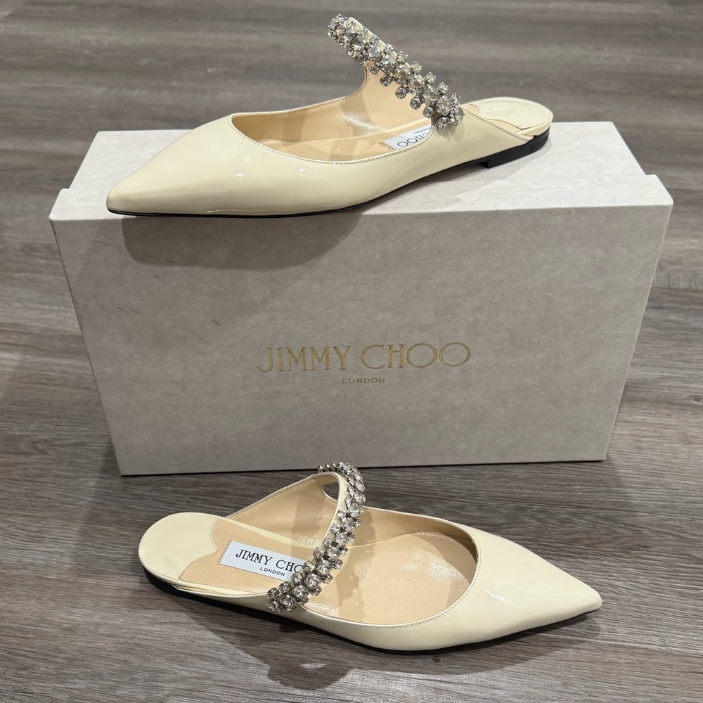 Jimmy Choo Bing Crystal Strap Patent Leather in Linen Mule Flats